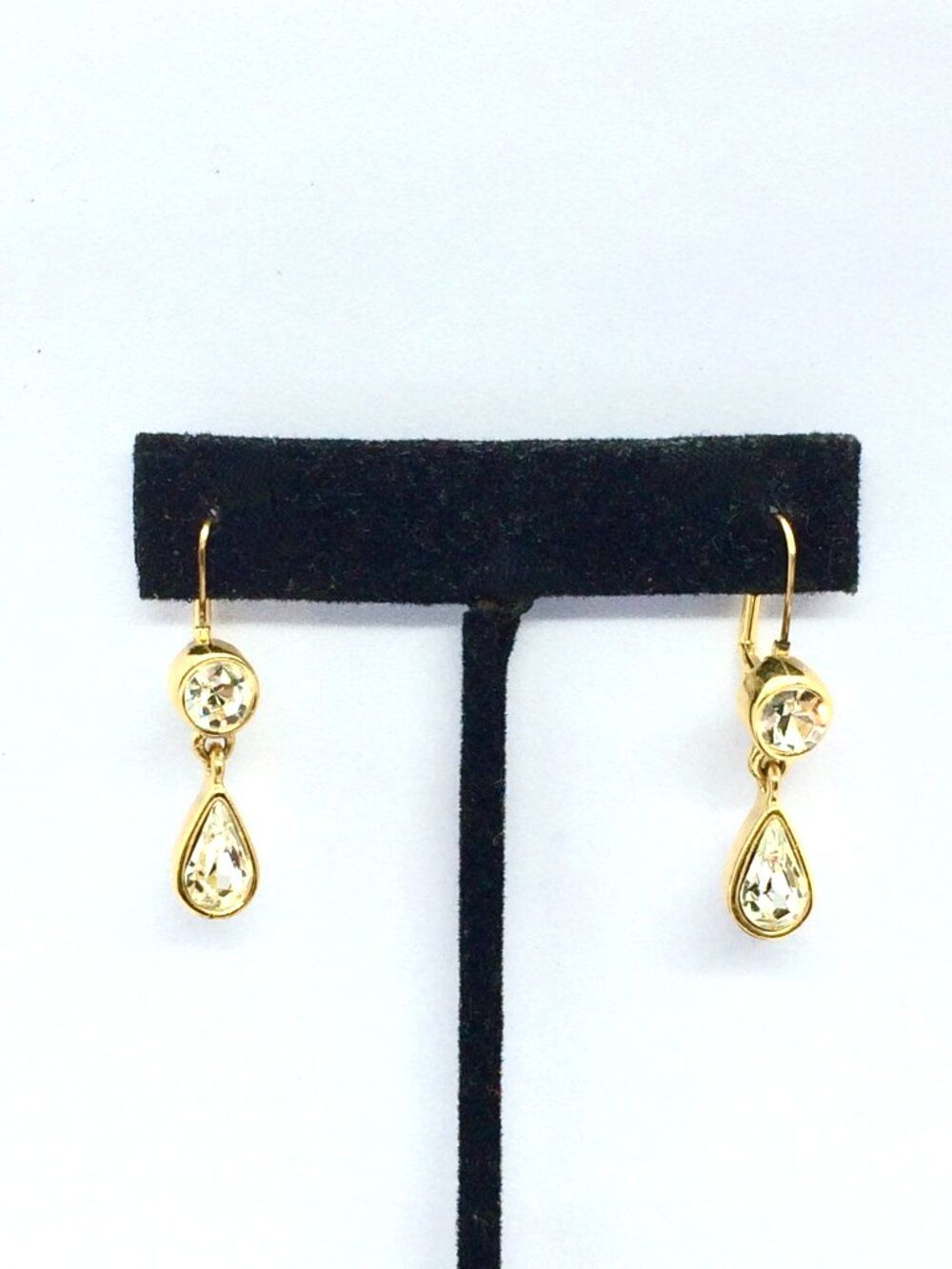 GIVENCHY EARRINGS Gold Tone Crystal Rhinestone Teardrop Leverback Dangle